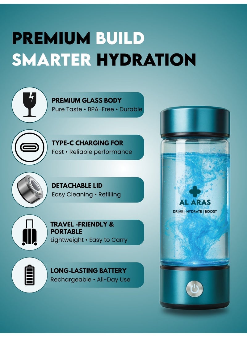 Al Aras Hydrogen Water Bottle Generator – 2200PPB | Portable Rechargeable SPE/PEM Hydrogen Water Maker, 420ml, Type-C, For Home Office Travel & Fitness - Image 3